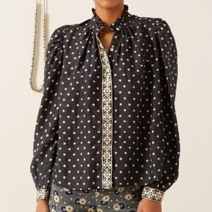 Alix of Bohemia Annabel Dot Shirt 100% Silk Button Front Ruffle Collar L